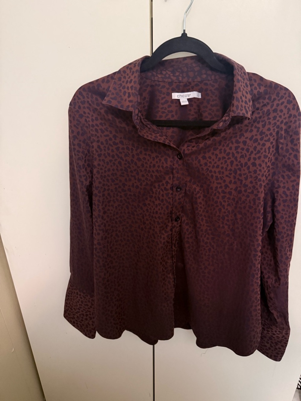 Chico's Burgundy and Black Leopard Button-Down Shirt